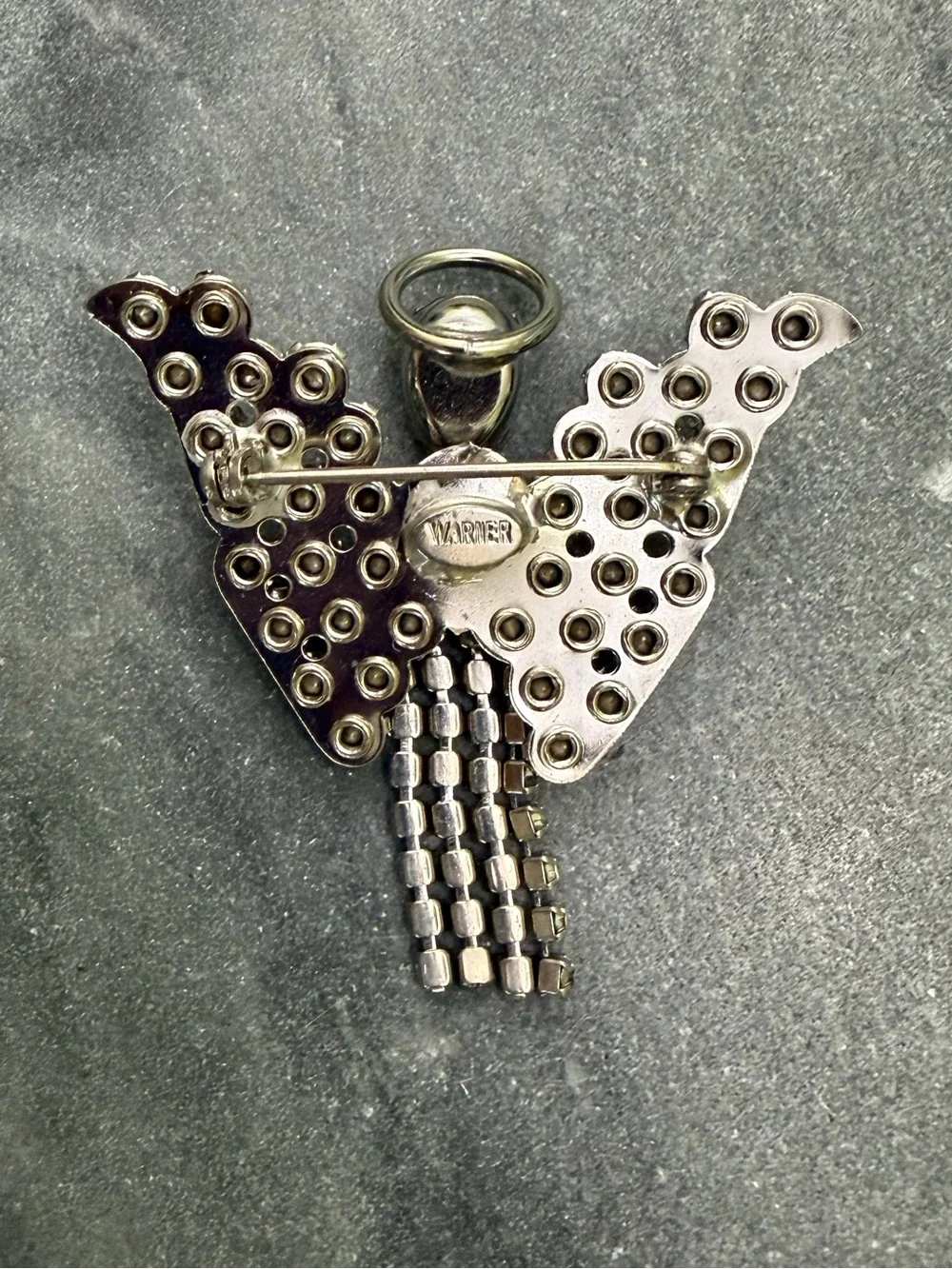 Vintage Warner Crystal Silver Angel Articulated Brooch